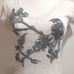 Women's V-Neck Bird Burnout Off White T-shirt
